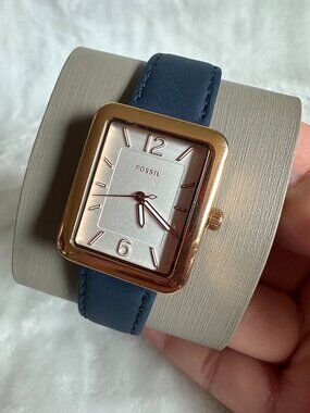 NWT! Fossil ES4158 Raquel Rectangular Watch With Navy Leather Strap In Rose Gold